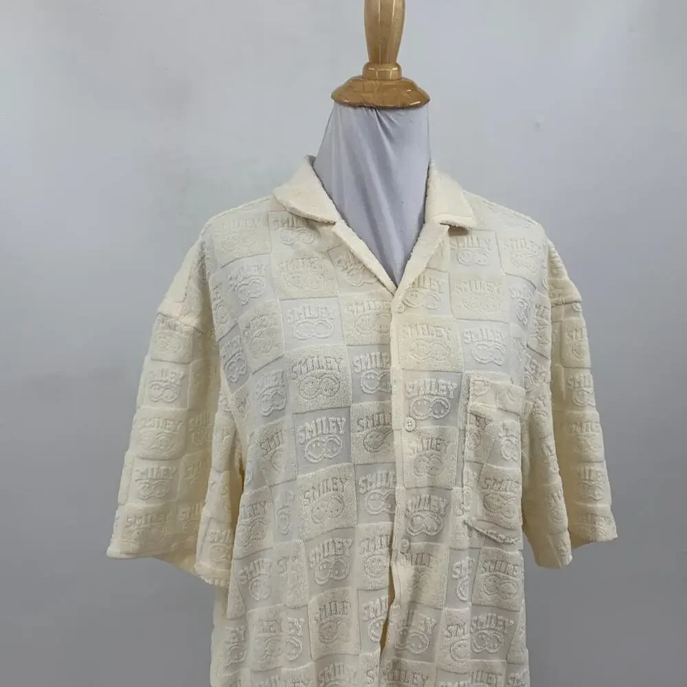 H&M Smiley Shirt Women M Medium Baby Yellow Button Up Relaxed Fit Terry Embossed
